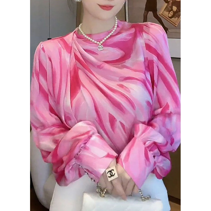 Women Pink V Neck Wrinkled Patchwork Print Silk Shirts Top Spring