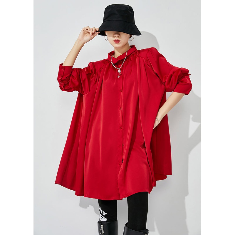 Women Red Stand Collar Oversized Wrinkled Silk Shirt Top Spring