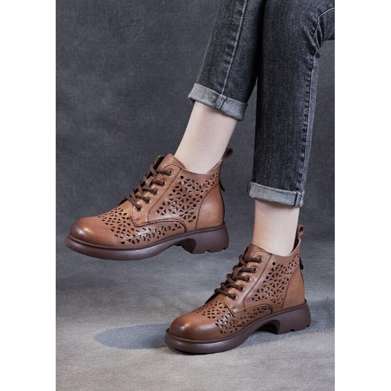 Women Summer Hollow Retro Leather Ankle Boots