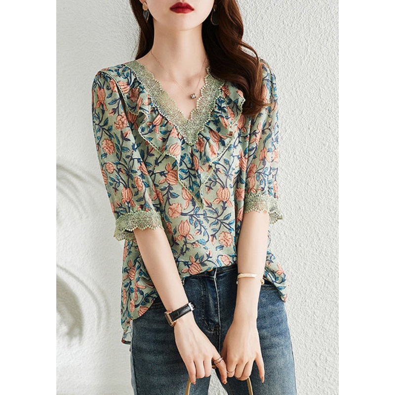 Women V Neck Print Lace Patchwork Top Short Sleeve