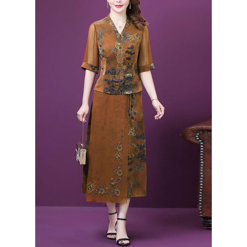 Women Yellow V Neck Tasseled Print Patchwork Silk Two Pieces Set Summer