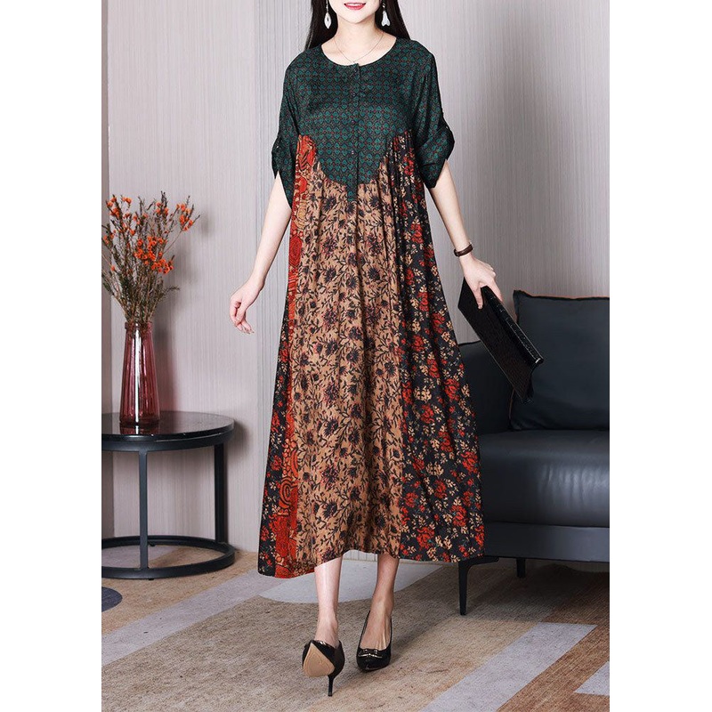 Art Colorblock O Neck Wrinkled Print Long Silk Dress Spring
