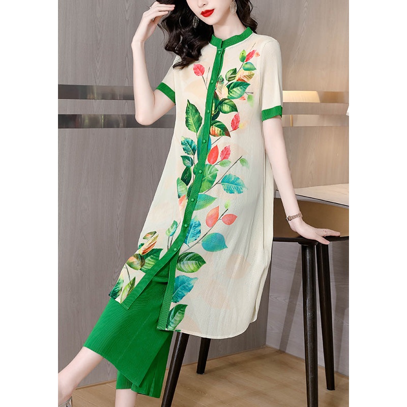 Art Green Stand Collar Print Button Long Shirts And Wide Leg Pants Two Pieces Set Short Sleeve