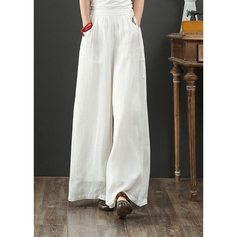 Art White Elastic Waist Linen Wide Leg Pants Spring