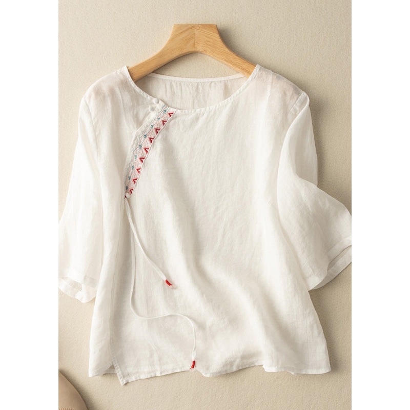 Art White O-Neck Embroidered Linen Top Long Sleeve