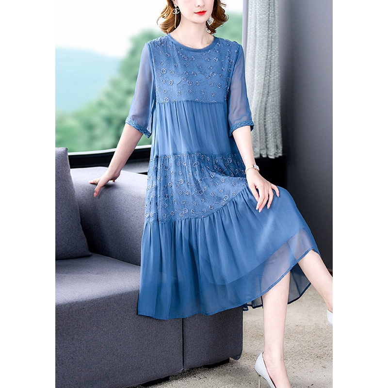 Beautiful Blue O-Neck Embroidered Patchwork Wrinkled Silk Long Dresses Half Sleeve