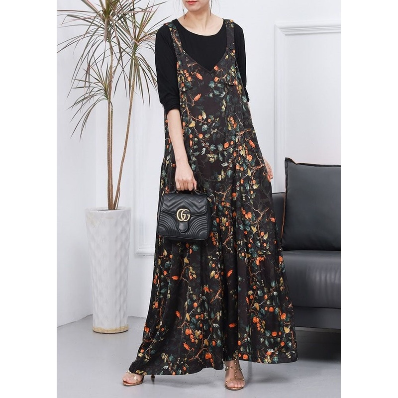 Beautiful Green Print Jumpsuit And T Shirt Silk Two Pieces Set Spring
