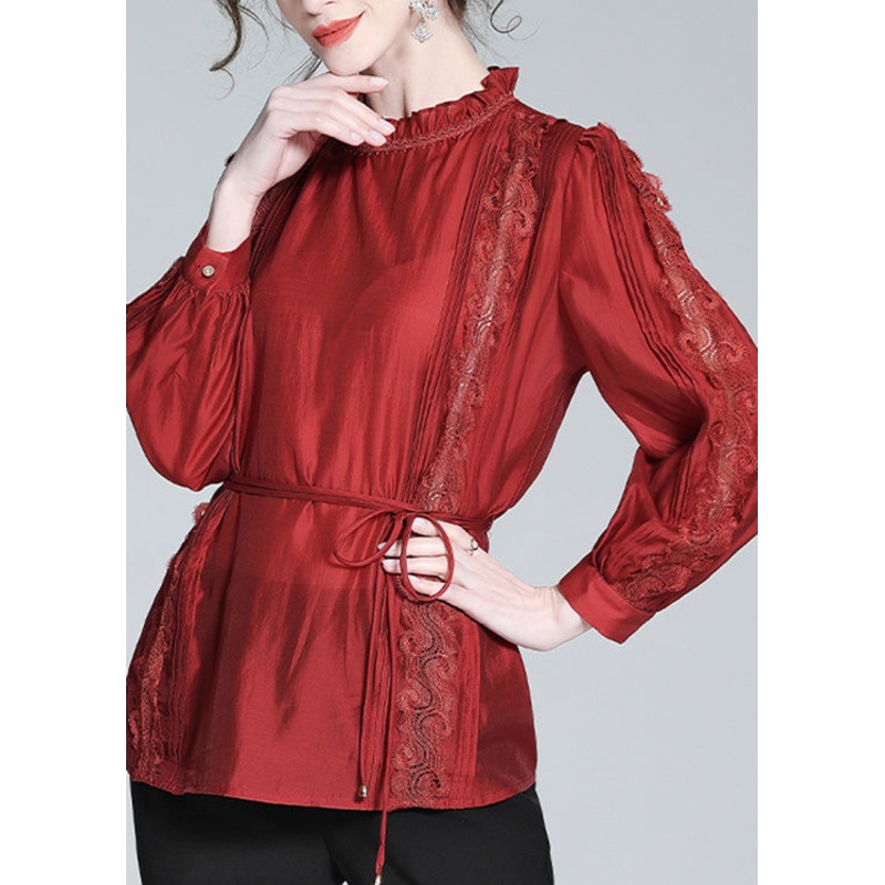 Beautiful Mulberry Stand Collar Lace Patchwork Tie Waist Silk Shirt Long Sleeve