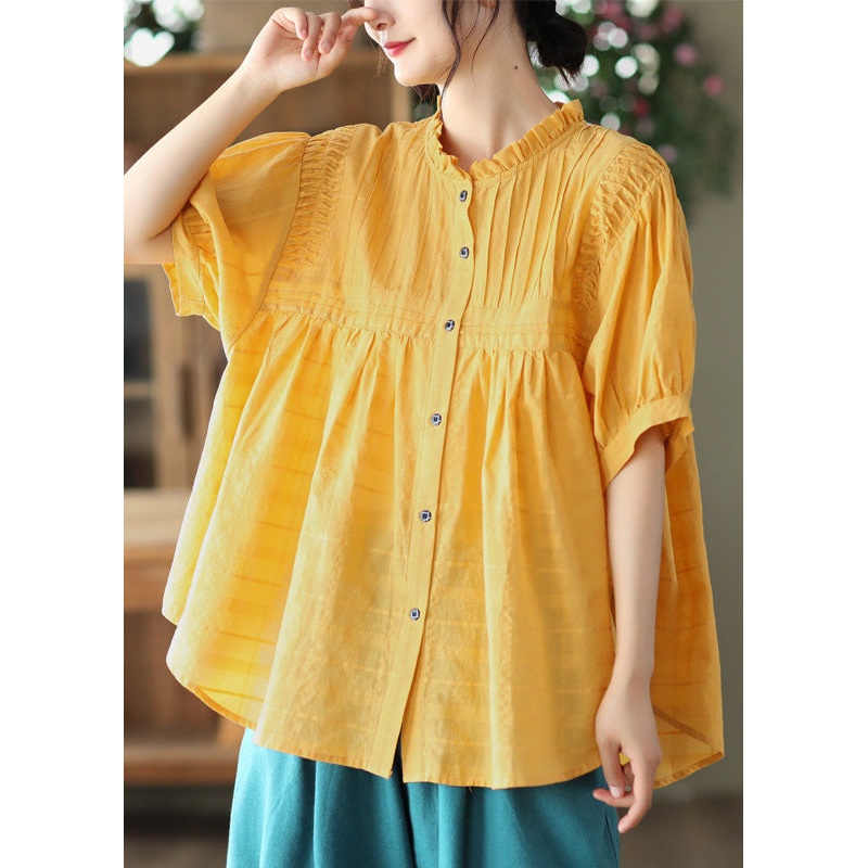 Beautiful Yellow Stand Collar Cinched Button Cotton Shirt Half Sleeve