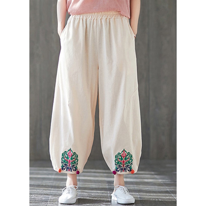 Beige Elastic Waist Solid Crop Pants Summer