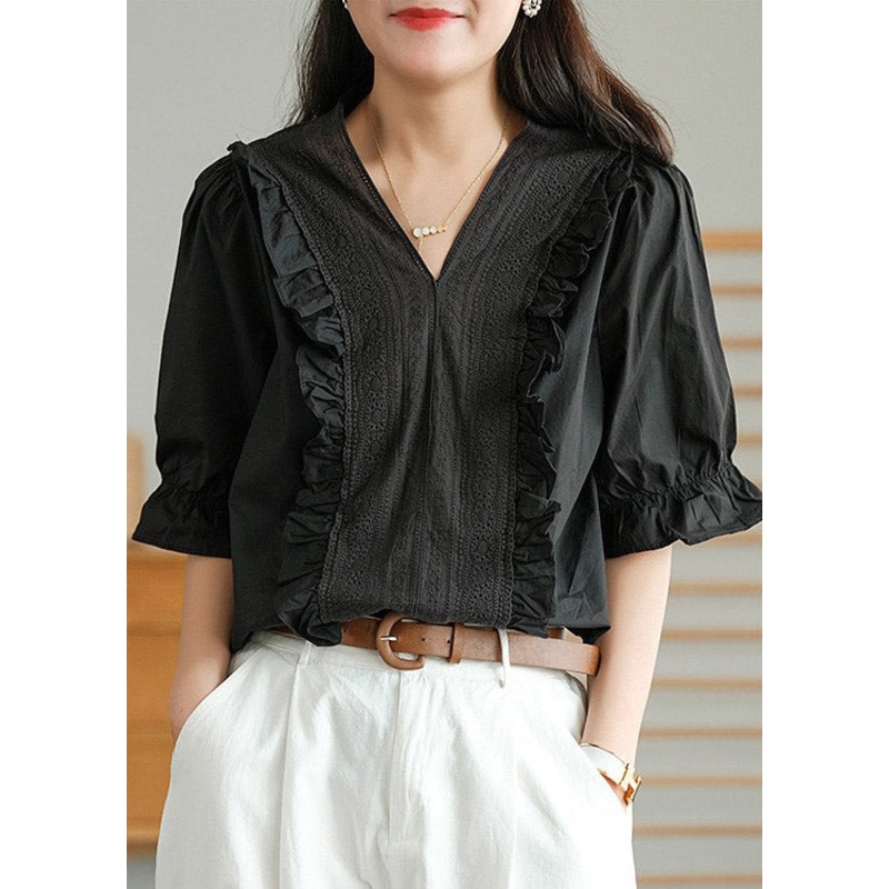 Black V Neck Button Linen T Shirt Half Sleeve