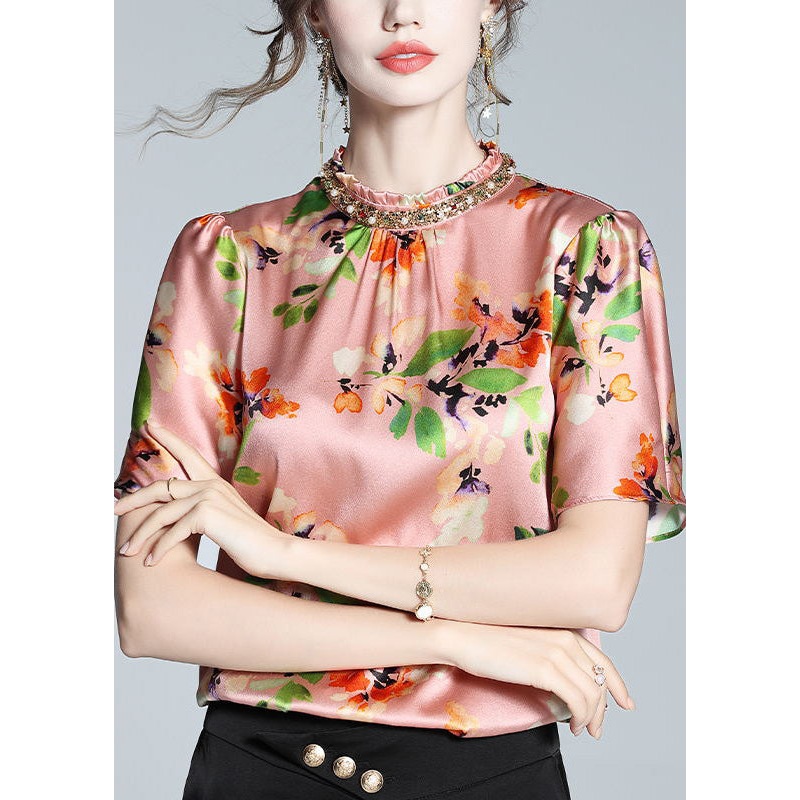 Bohemian Pink Stand Collar Print Nail Bead Silk Tops Summer