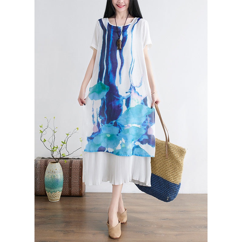 Bohemian White O-Neck Print Patchwork Layered Maxi Dress Short Sleeve