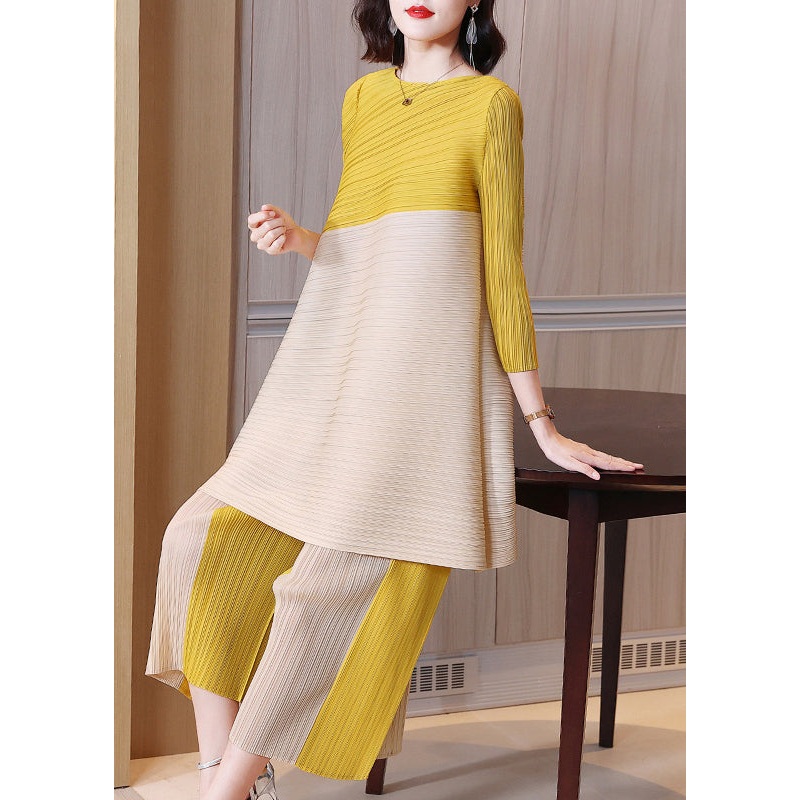 Bohemian Yellow O-Neck Patchwork Top And Wide Leg Pants Two Piece Set Spring