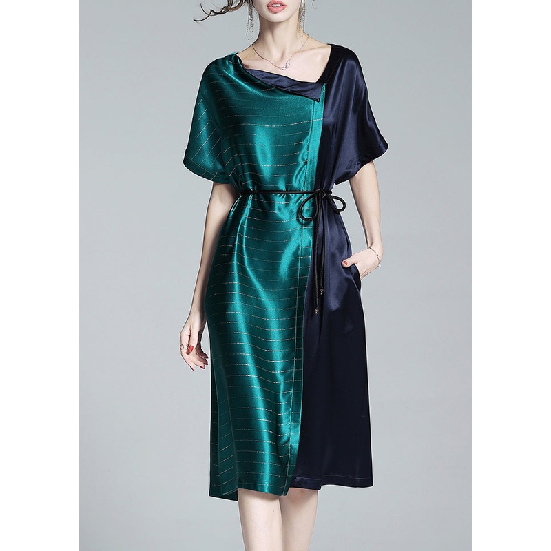 Boho Blue Patchwork Green Asymmetrical Tie Waist Satin Shirt Dresses Summer