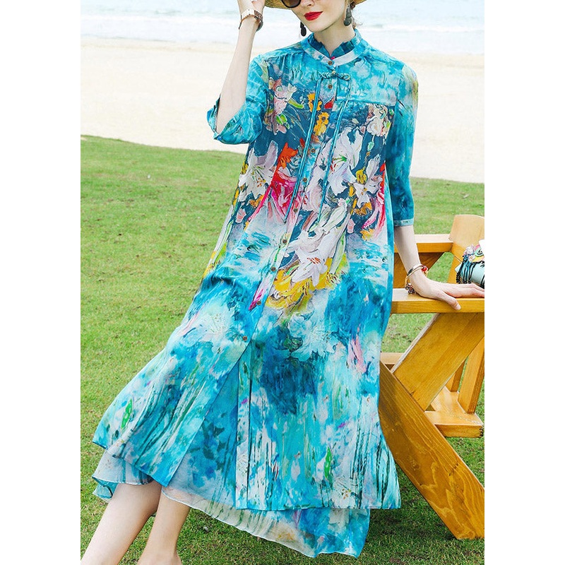 Boho Blue Stand Collar Print Silk Cardigans And Long Dress Two Pieces Set Summer