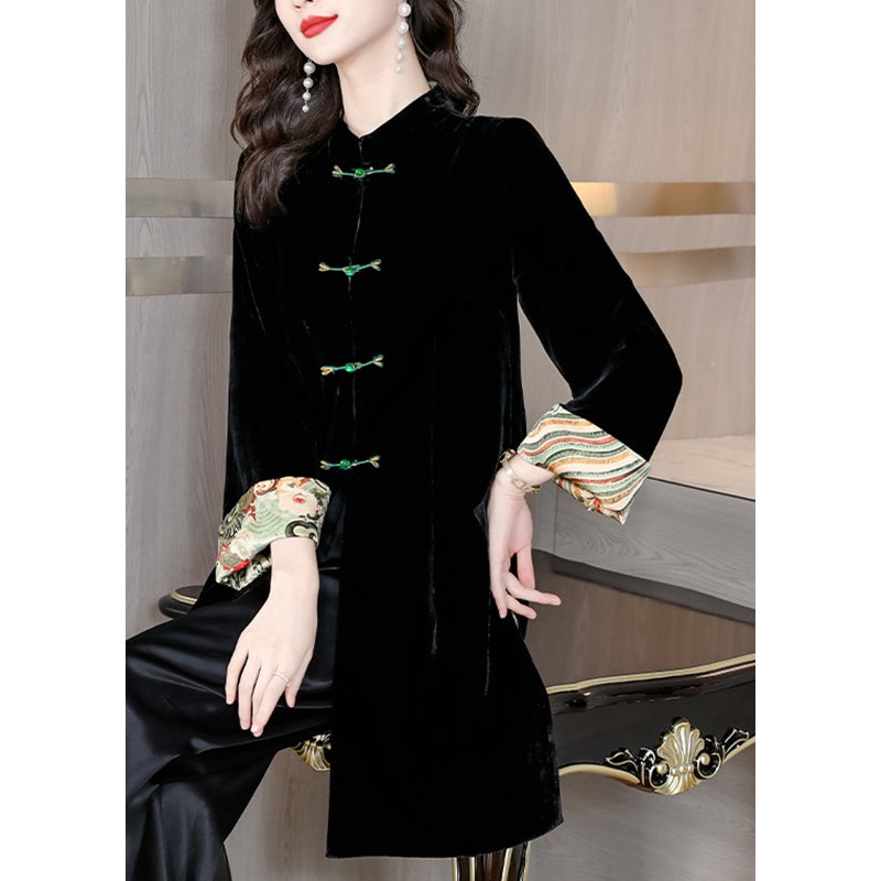 Boutique Black Print Button Long Velour Coat Long Sleeve