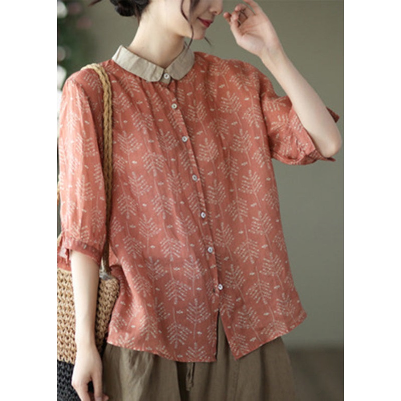 Boutique Orange Peter Pan Collar Print Button Linen Shirt Long Sleeve