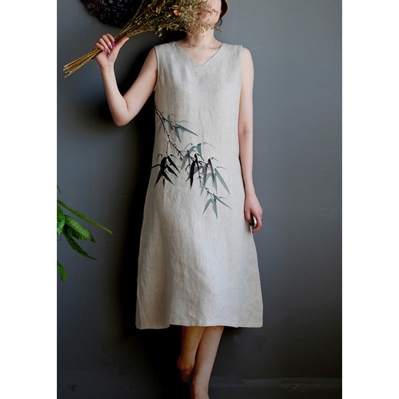 Brief V Neck Print Linen Long Vests Dress Summer