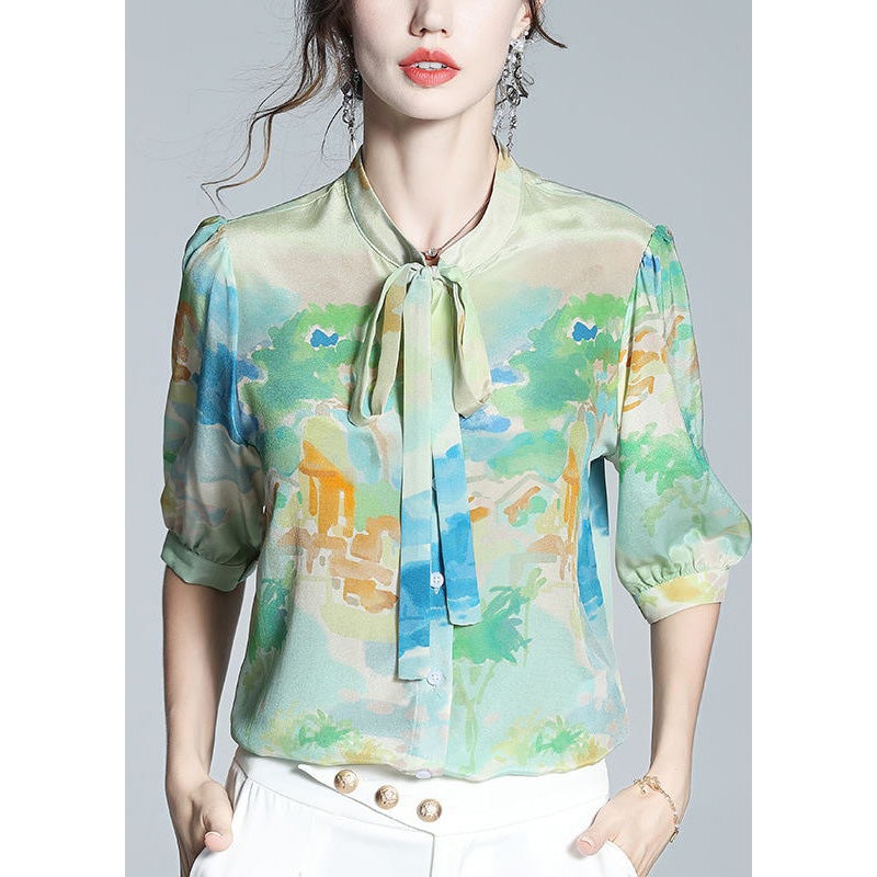 Casual Light Green V Neck Print Bow Button Silk Shirt Short Sleeve
