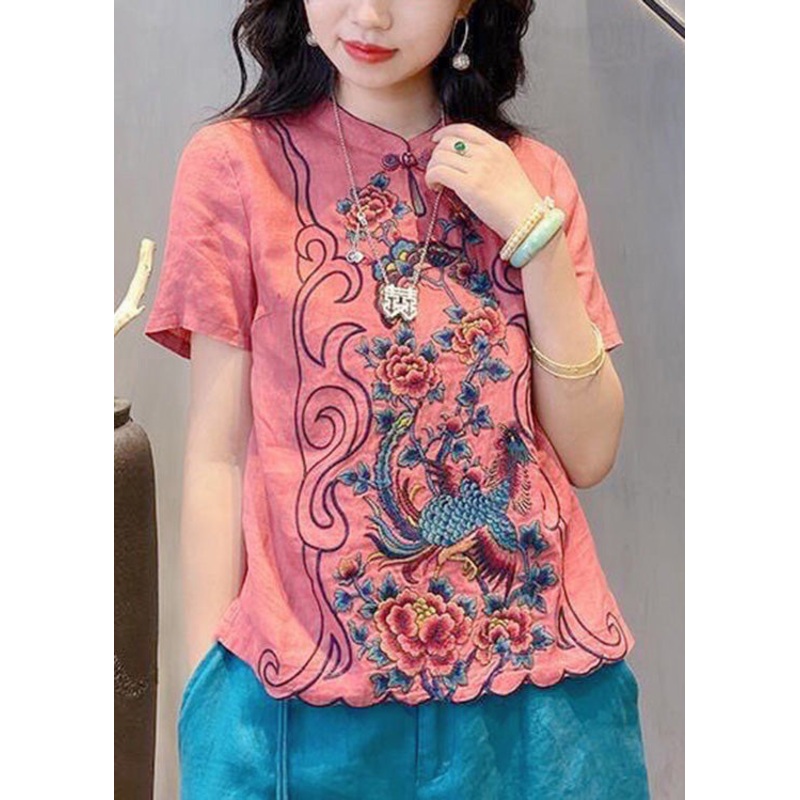 Casual Pink Stand Collar Embroidered Button Linen Top Short Sleeve