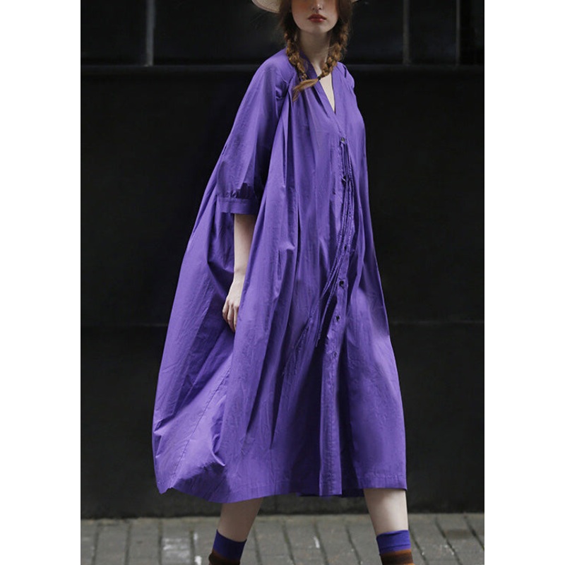 Casual Purple V Neck Button Solid Cotton Long Dress Half Sleeve
