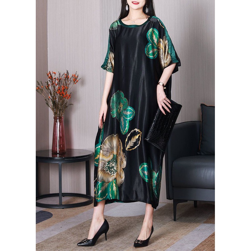 Chic Black O Neck Print Loose Silk Dresses Short Sleeve