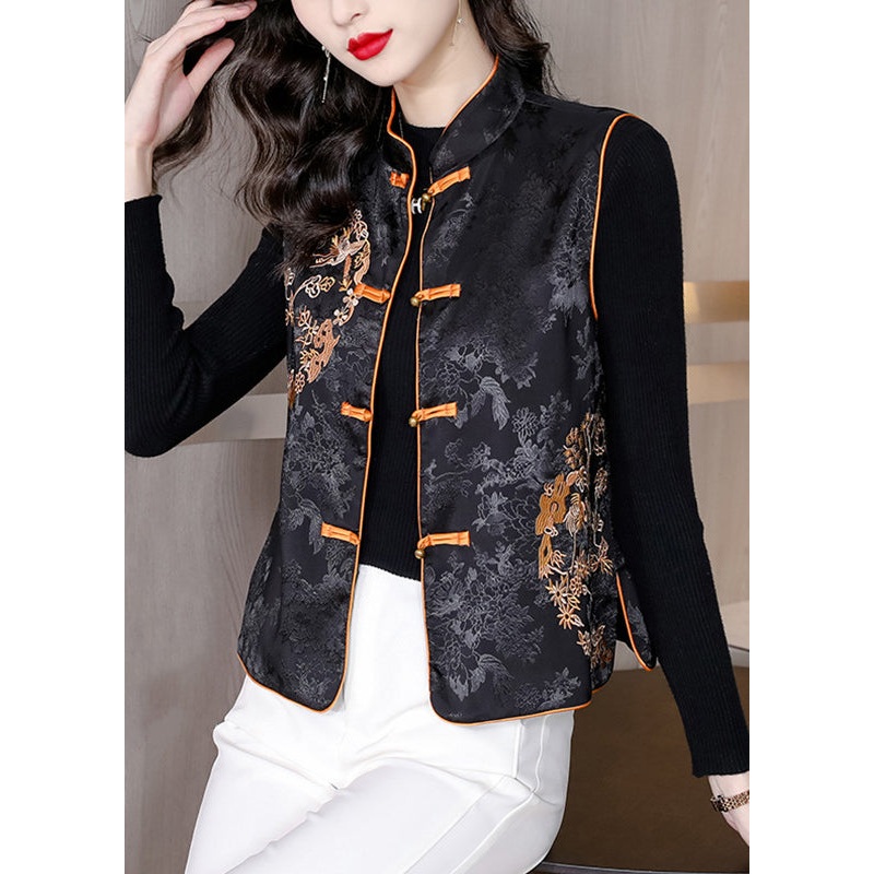 Chic Black Stand Collar Embroideried Floral Button Silk Waistcoat Sleeveless