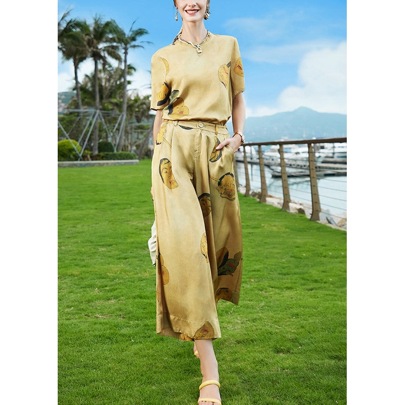 Chic Khaki O-Neck Print Top And Wide Leg Pants Two Pieces Set Summer