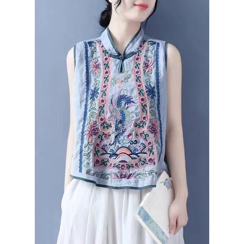 Chic Light Blue Stand Collar Embroideried Button Shirts Summer
