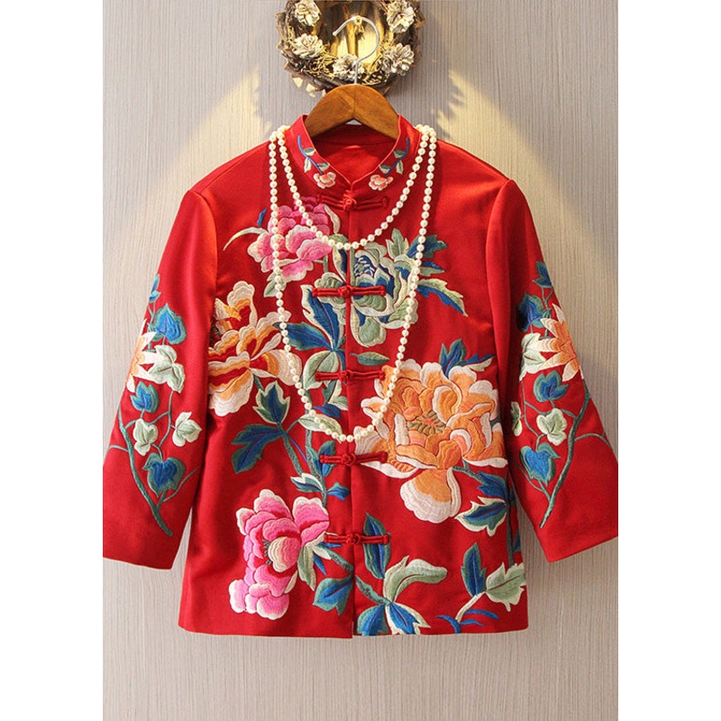 Chinese Style Red Embroideried Floral Coats Spring