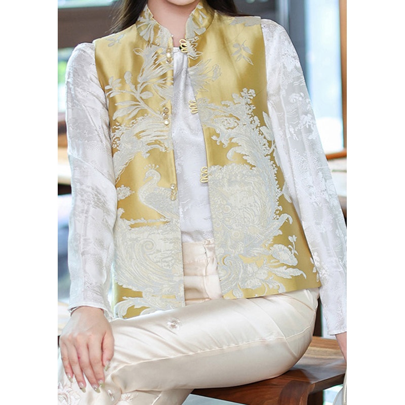Chinese Style Yellow Stand Collar Print Side Open Waistcoat Spring
