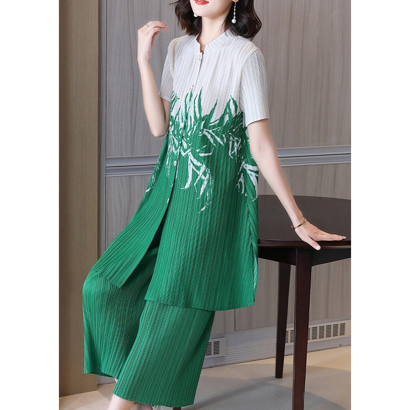 Classy Green Stand Collar Print Side Open Long Shirts And Wide Leg Pants Two Piece Set Short Sleeve