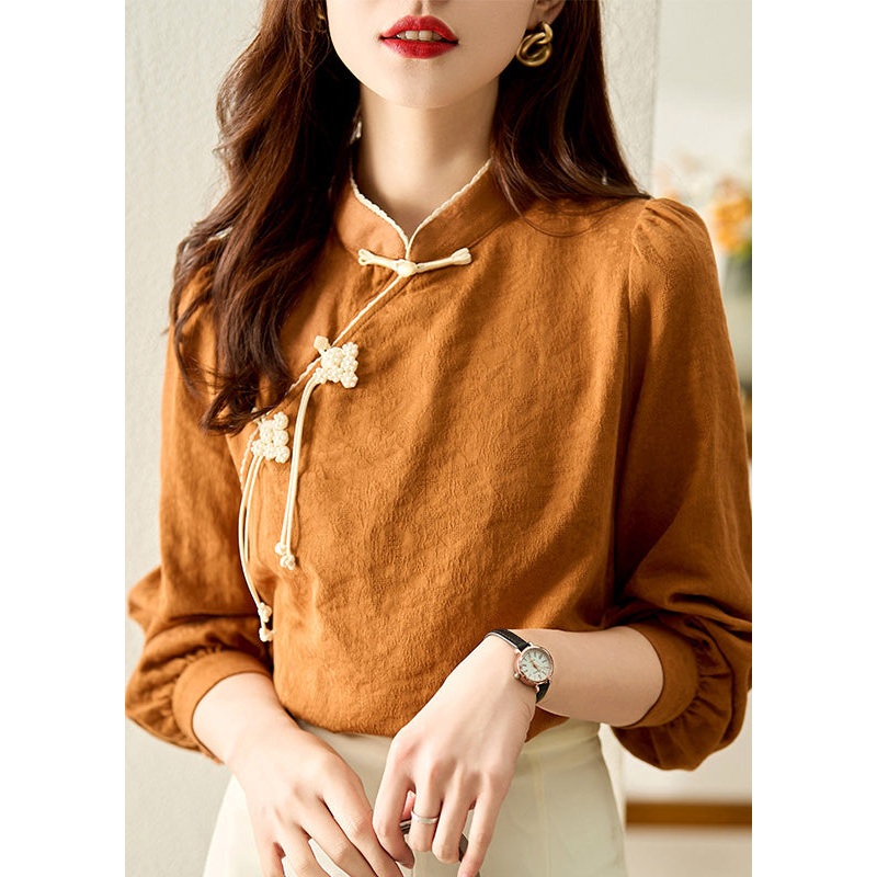 Classy Stand Collar Patchwork Button Tops Spring