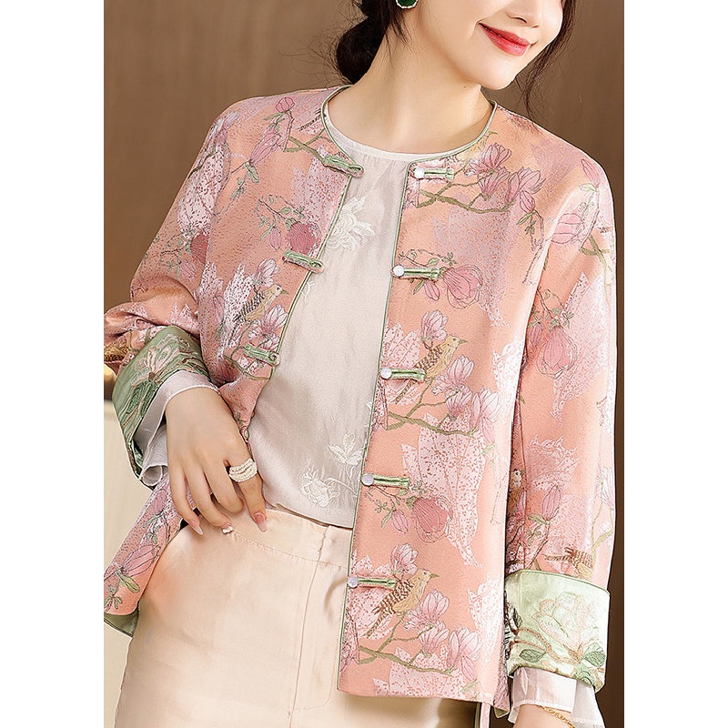 Cute Pink O-Neck Embroideried Print Button Coats Long Sleeve