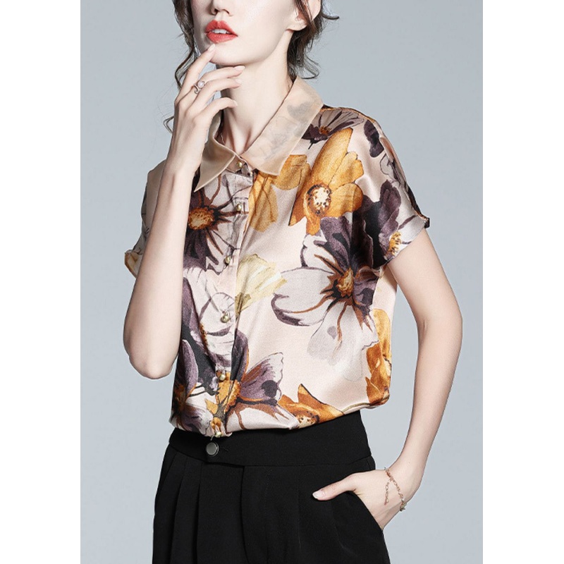DIY Apricot Peter Pan Collar Print Button Silk Shirt Short Sleeve