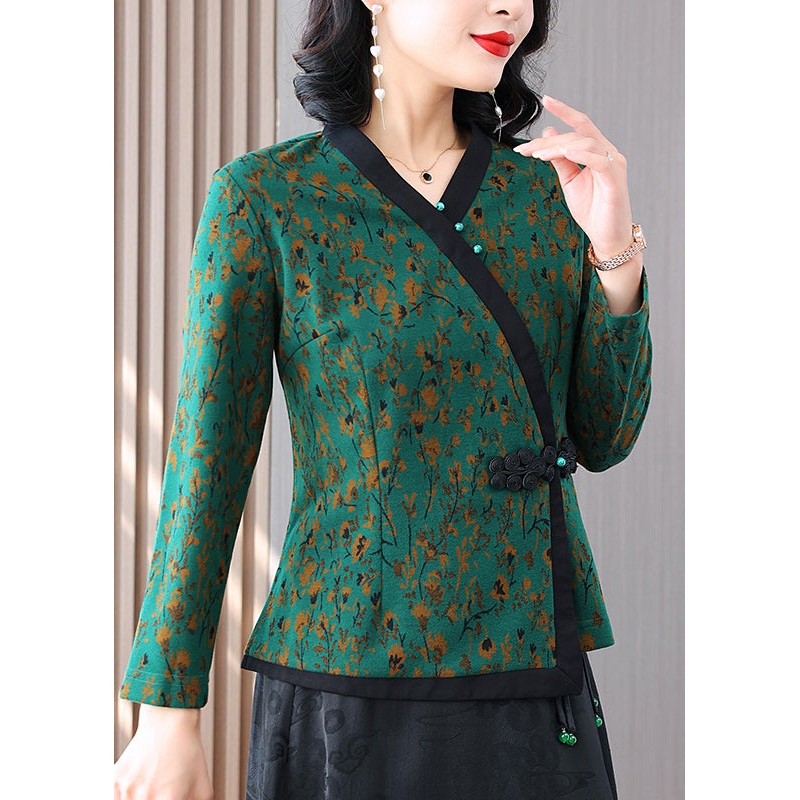 DIY Green V Neck Print Button Shirt Spring