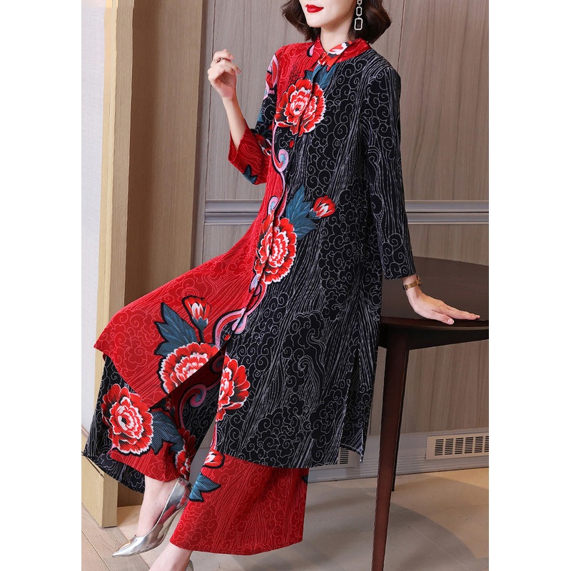 DIY Red Stand Collar Print Button Side Open Shirts And Wide Leg Pants Two Pieces Set Spring