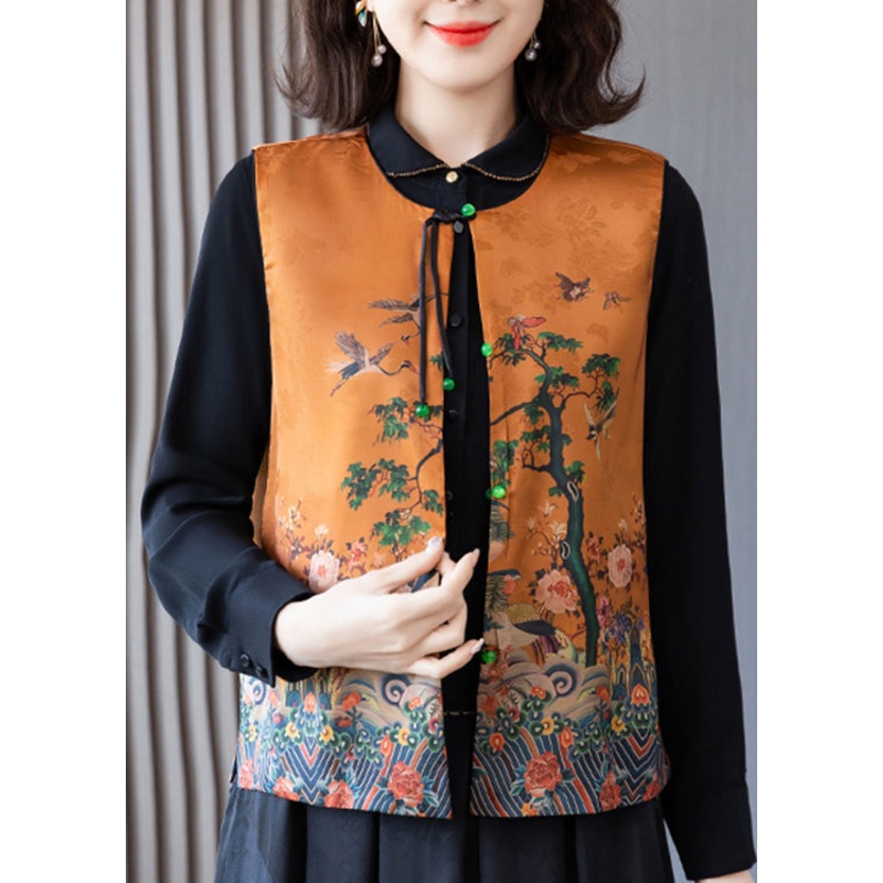 Elegant Orange O-Neck Print Button Side Open Silk Waistcoat Spring