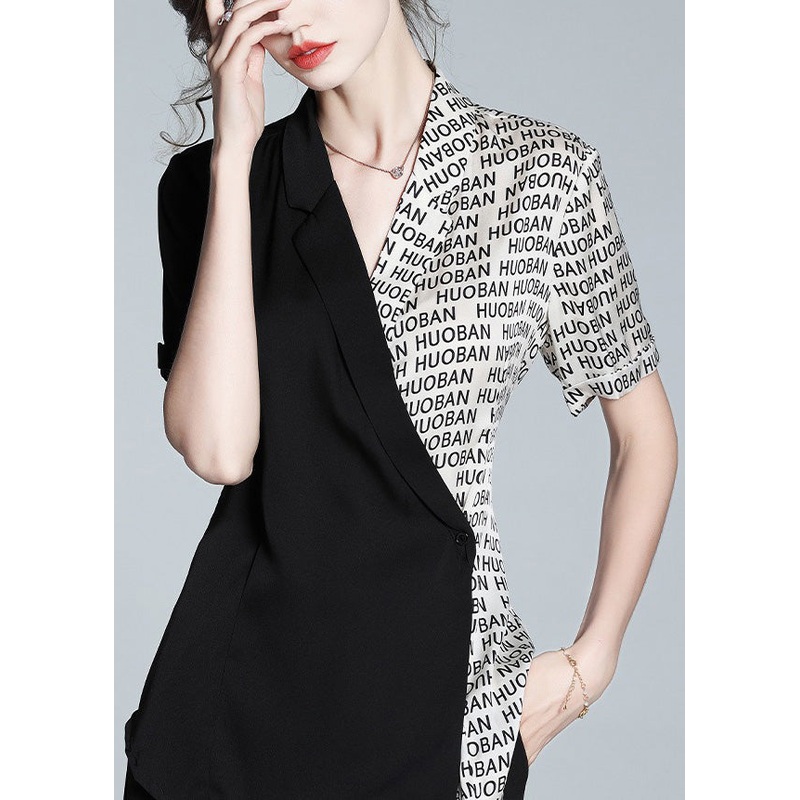 Fashion Black Notched Graphic Patchwork Button Silk Shirts Short Sleeve