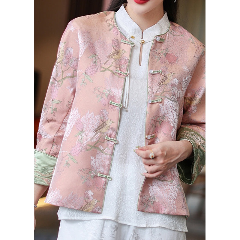 Fine Pink O-Neck Print Button Low High Design Coats Long Sleeve