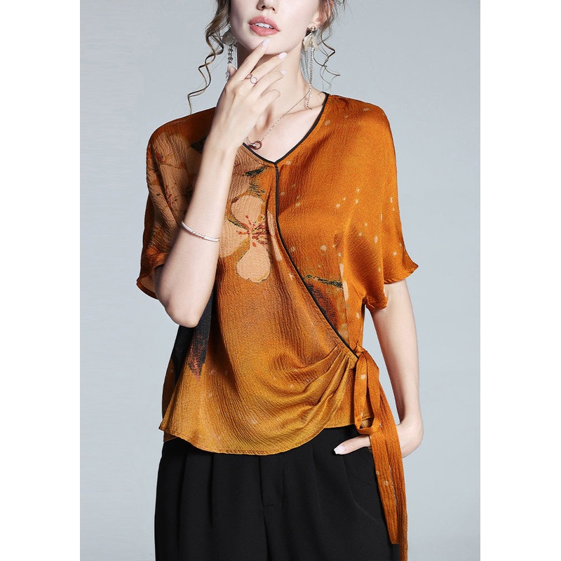 Fitted Orange V Neck Print Tie Waist Silk T Shirt Summer