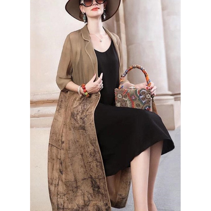 French Brown Notched Tulle Patchwork Long Trench Coats Spring