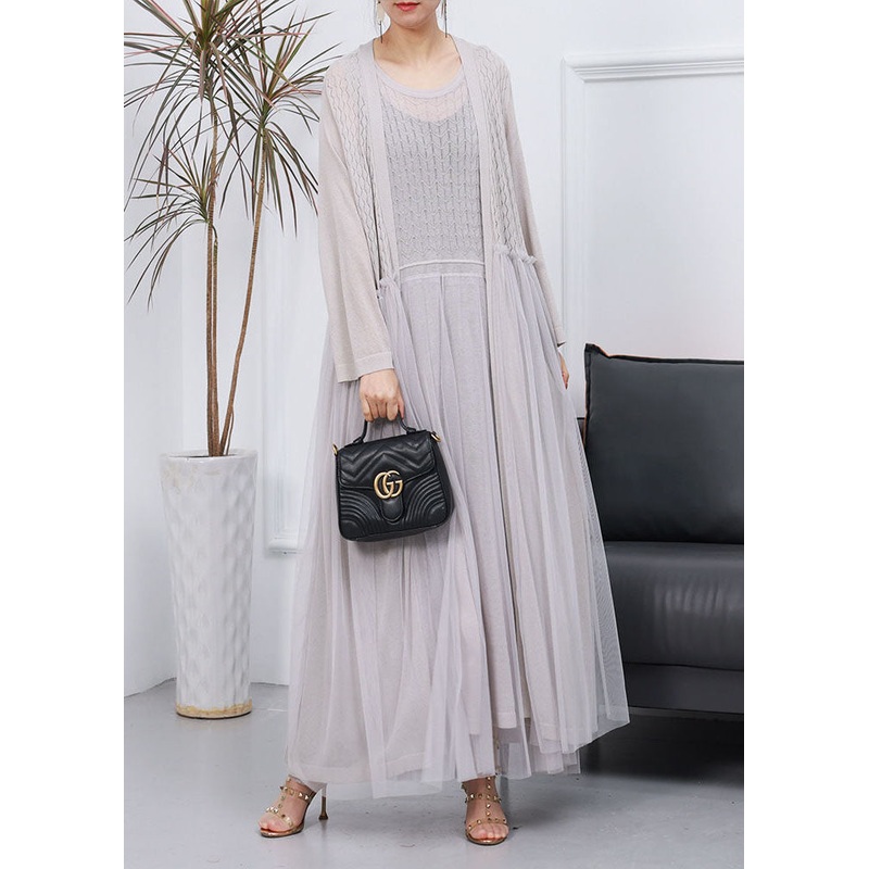 French Grey Knit Patchwork Cardigans And Dress Tulle Two Pieces Set Spring
