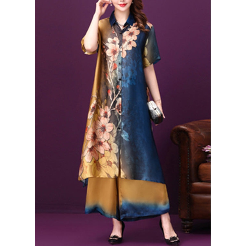 Gradient Color Blue Side Open Button Silk Long Shirts And Wide Leg Pants Half Sleeve