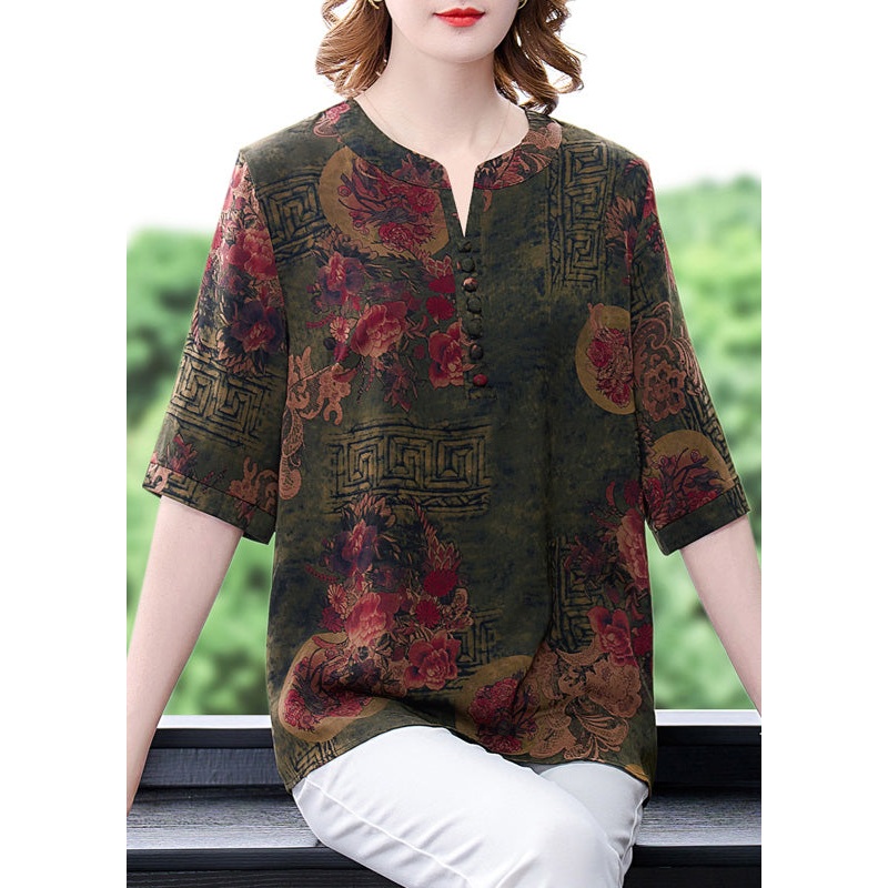 Green O-Neck Button Silk T Shirts Summer