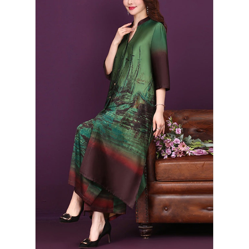 Green Side Open Button Silk Long Shirts And Wide Leg Pants Two Pieces