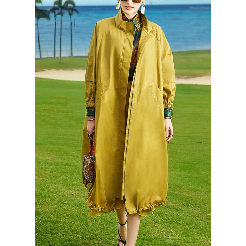 Italian Ginger Stand Collar Zippered Drawstring Cotton Long Trench Coats Spring