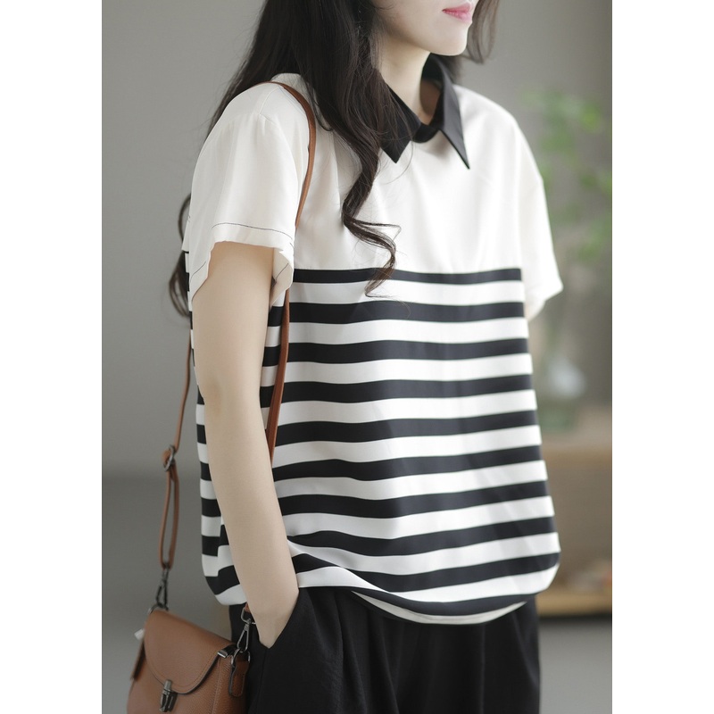 Italian Peter Pan Collar Striped Patchwork Button Chiffon Top Short Sleeve