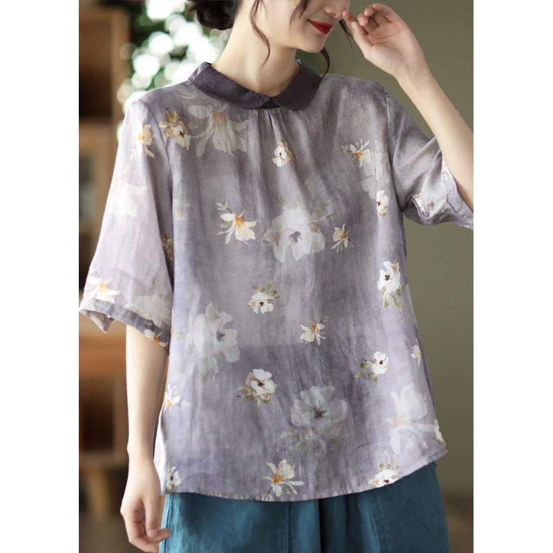 Light Purple Peter Pan Collar Print Linen Shirt Half Sleeve